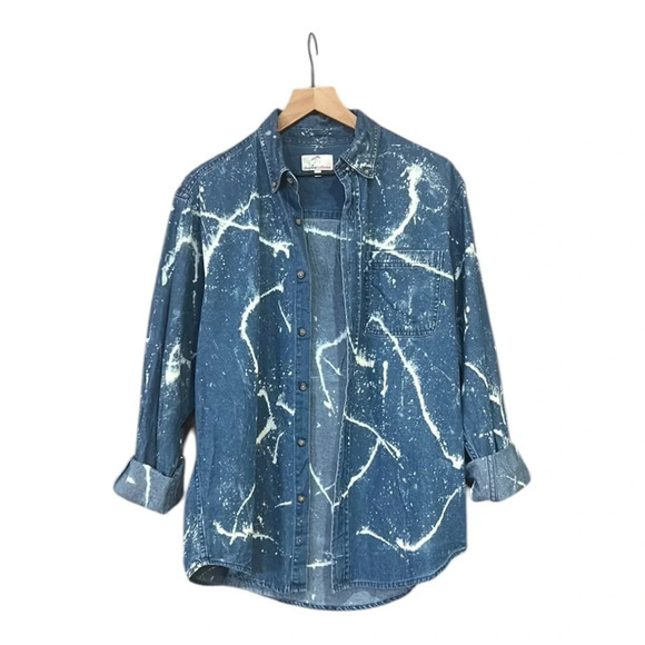 Apparel Unlimited Floral Embroidery Tie Dye Denim Long Sleeve Button Down Shirt - Picture 4 of 8